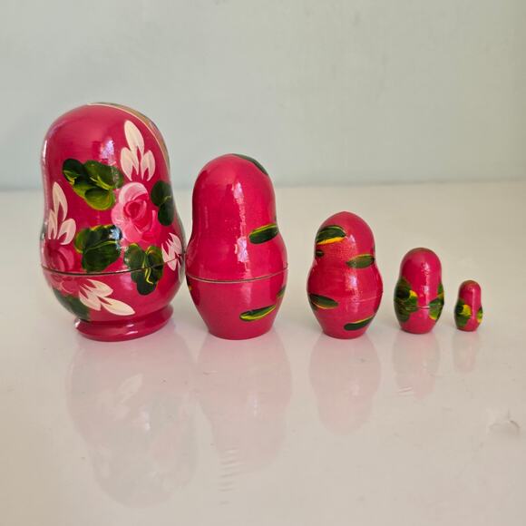 Russian Nesting Dolls Matryoshka Babushka Set of 5 Pink Gold Floral Signed Small - Picture 5 of 16